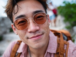 A young man wearing a pink shirt and brown backpack
