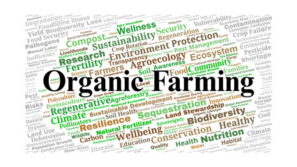 Organic Farming Word Cloud. Key Concepts On Sustainability, Soil Health, Food Security, Climate Impact, Community Benefits, And Challenges In Agricultural Practices.