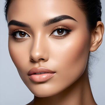 Retrato de belleza que celebra la diversidad, mostrando el rostro de una joven mujer negra con una piel impecable. Maquillaje natural, cejas perfectas y labios brillantes en un headshot de estudio.
