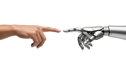Isolated hands representing creation of man and robot, human to machine interaction