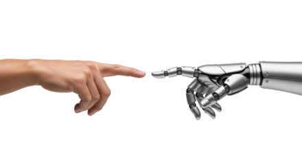 Isolated hands representing creation of man and robot, human to machine interaction