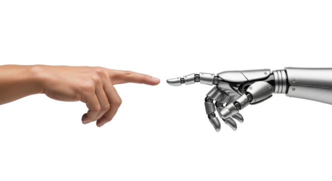 Isolated hands representing creation of man and robot, human to machine interaction