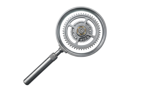 Isolated Gears Seen Through a Magnifying Glass, Silver Metal Detailed Mechanical Parts