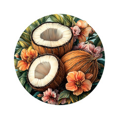 Round sticker of tropical coconuts with exotic flowers and green leaves isolated on transparent background