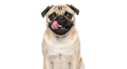 Isolated fawn pug licking its nose, posing with its tongue sticking out, happy and joyful