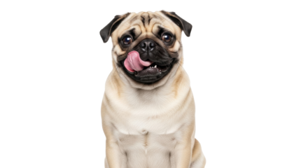 Isolated fawn pug licking its nose, posing with its tongue sticking out, happy and joyful