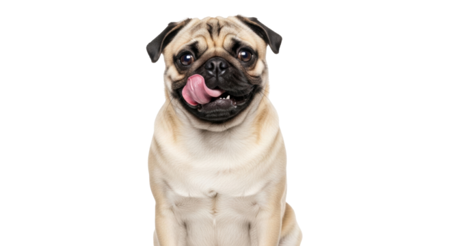 Isolated fawn pug licking its nose, posing with its tongue sticking out, happy and joyful