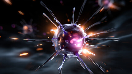 Dramatic lighting: virus cell glowing from within, spikes casting shadows outward.