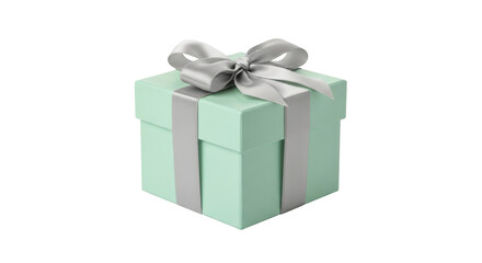 Isolated mint gift box with a silver ribbon and bow on a seamless surface, present