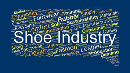Shoe Industry Word Cloud. Key Concepts On Footwear, Design, Production, Materials, Fashion, Sustainability, And Global Market Dynamics.