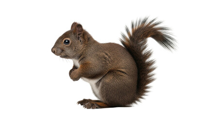 Isolated brown squirrel sitting up looking to the left with furry tail out behind it