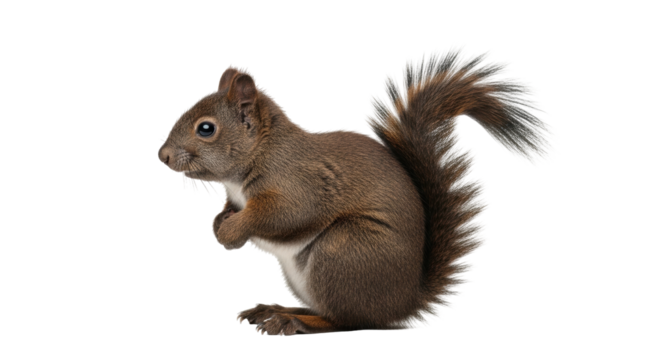 Isolated brown squirrel sitting up looking to the left with furry tail out behind it