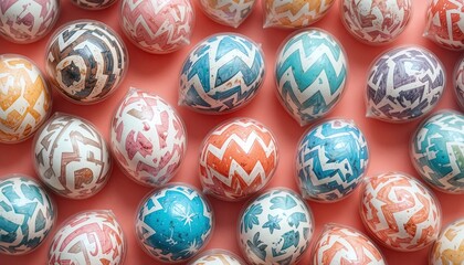 Colorful abstract patterns decorate multiple sphere-shaped objects encased in transparent plastic, arranged in a repeating pattern over a solid, soft-toned pink background, creating an appealing...