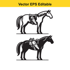 Two horse silhouettes with saddlebags, one black, one white, isolated on white background