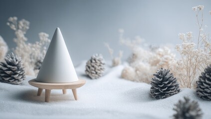 A delicate cone-shaped object rests on a wooden stand amidst a wintry scene of dried plants and pinecones.