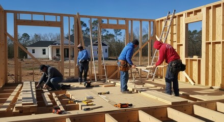 Fototapeta premium Construction workers build wooden house frame at residential development site. Team assembles timber structure using tools and equipment under clear blue sky. Completed homes visible in background.