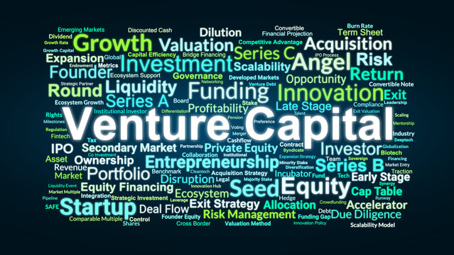 Venture Capital Word Cloud. Composition Of Terms Related To Startup Investment, Equity, Growth, Risk, Return, And Funding Strategies In Global Entrepreneurial Ecosystems.