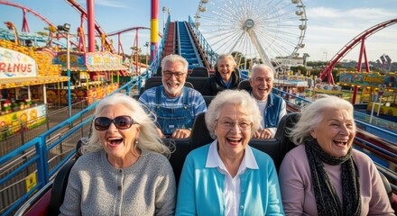 Six joyful seniors laugh with delight on thrilling roller coaster ride at vibrant amusement park. Colorful ferris wheel creates festive backdrop. Perfect for active aging and friendship.