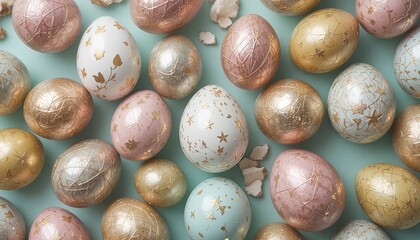 Obraz premium A beautifully arranged top-down composition showcases an assortment of elegant, decorated eggs with metallic finishes and intricate golden details.