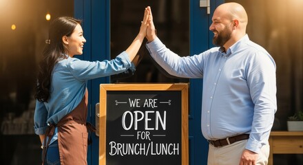 Two business partners celebrate restaurant opening with high-five. Chalkboard sign reads 'We Are Open for Brunch/Lunch'. Perfect for small business success and teamwork.