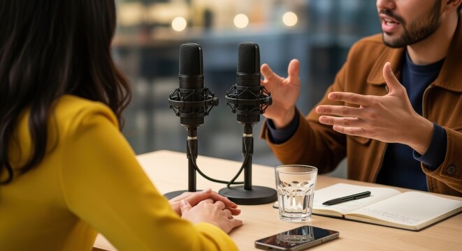 Two people recording podcast in modern studio. Professional microphones capture animated conversation. Woman in yellow sweater listens while bearded man gestures expressively.
