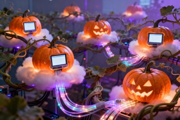 Halloween Server Farm Display Glowing Jack O Lanterns with Fiber Optic Data Cables