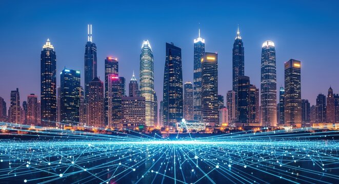Modern city skyline with illuminated skyscrapers during twilight hours, enhanced by digital network overlay representing smart city technology. Blue light trails and connection