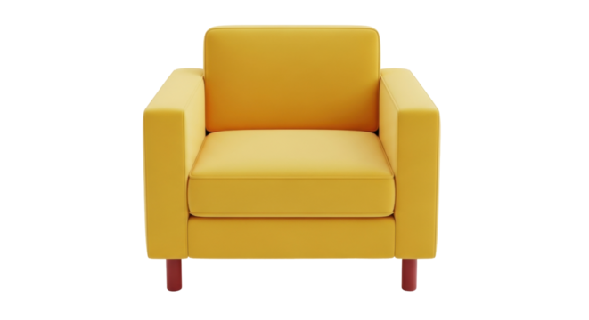 Isolated yellow modern sofa armchair with red feet, a chic and stylish home furniture piece