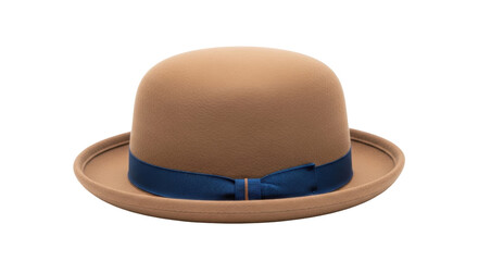 Isolated vintage bowler hat, fashion accessory with blue ribbon; classic headwear apparel