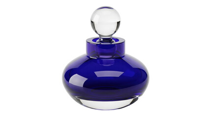 Isolated luxurious blue vintage glass perfume bottle with clear glass stopper, elegant design