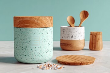 Stylish kitchen containers in pastel colors with wooden lids and spoons, perfect for organizing spices and ingredients in a modern culinary setting
