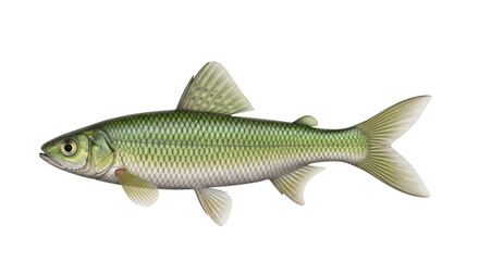 Isolated freshwater chub fish with green scales, gills, and fins swimming to the left