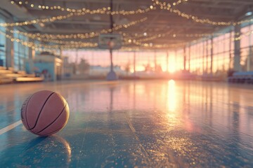 Sunset Reflection on Basketball Court with Ball in Focus in Sports Facility Surrounded by Glowing Lights and Warm Color Palette Creating a Serene Atmosphere
