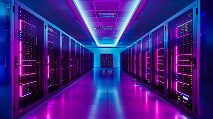 Futuristic data center server room glowing with purple and blue lights creating a modern technological environment for ai
