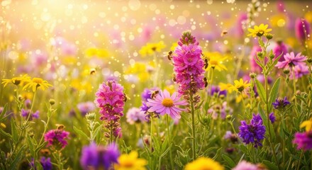 Fototapeta premium Vibrant wildflower meadow showcases colorful blooms in golden sunlight. Purple spikes, pink daisies, and yellow flowers create a natural tapestry. Magical bokeh effects enhance the dreamy atmosphere.