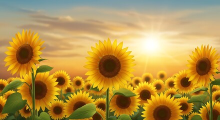 Obraz premium Vibrant sunflowers in a field with a bright sunset perfect summer scene