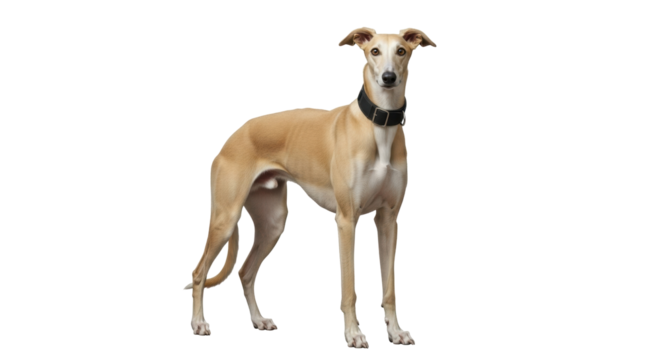 Isolated greyhound with black collar stands looking forward, graceful and athletic dog