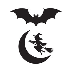Eerie Halloween Night Silhouette A Bat Soars Above A Witch Flying On A Broomstick By The Moon