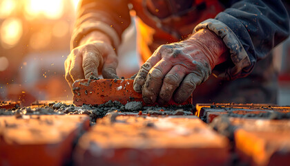 Bricklayer Craftsmanship: A skilled bricklayer meticulously laying a brick, showcasing the dedication and expertise. Warm sunlight casting a glow.