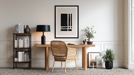 Fototapeta premium Bright, minimalist home office with wood desk, woven chair, and artwork