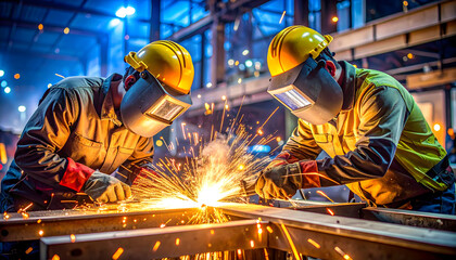 Welding Sparks in the Factory: Two industrial workers in protective gear engage in skilled welding, the dynamic sparks illuminating the environment. This image embodies craftsmanship and Industry.