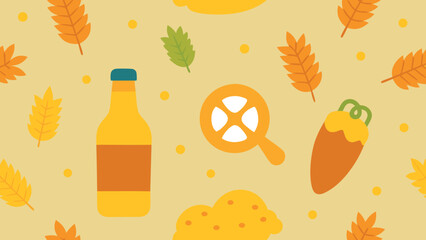 Beer bottle with pretzel oak leaves and lemon illustration