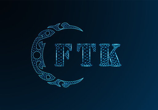 Low poly letter logo FTK design. FTK letter logo low poly vector design on blue color gradient background. FTK logo low poly design