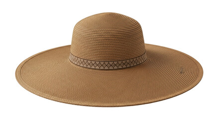 Isolated brown sun hat with wide brim and patterned band for summer heat protection