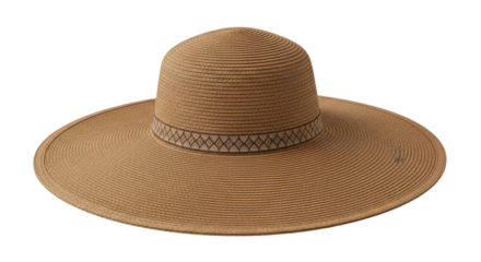 Isolated brown sun hat with wide brim and patterned band for summer heat protection