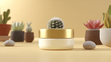 Cream jar and succulent plants on a pastel background, showcasing a serene and natural aesthetic.