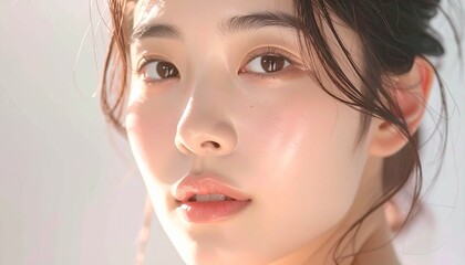 日本人, 超リアル, 美しい若い女性, 長い黒髪, 自然なメイク, 白いキャミソール, 肌が輝くクローズアップ, 柔らかなライティング, 美容広告風, スタジオ背景（白）, 高解像度 Japanese, ultra-realistic, beautiful young woman, long black hair, natural makeup