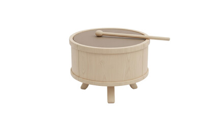 Isolated drum with drumstick, made from light wood, on a solid background, simple aesthetic