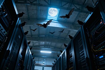 Dark Server Room with Bats Flying Past Full Moon Skylight for Cybersecurity Horror Tech