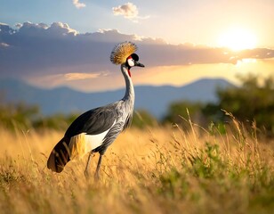 Majestic crane at sunset in golden field